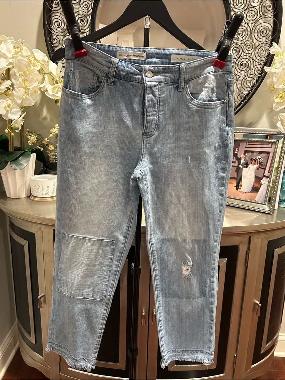 Pilcro and the Letterpress Light Blue Cropped Distressed Patch Jeans